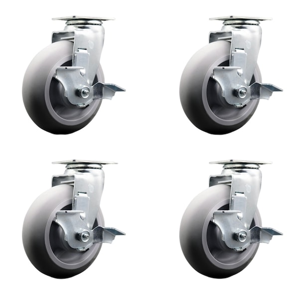 6 Inch Thermoplastic Rubber Swivel Caster Set with Ball Bearings and Brakes